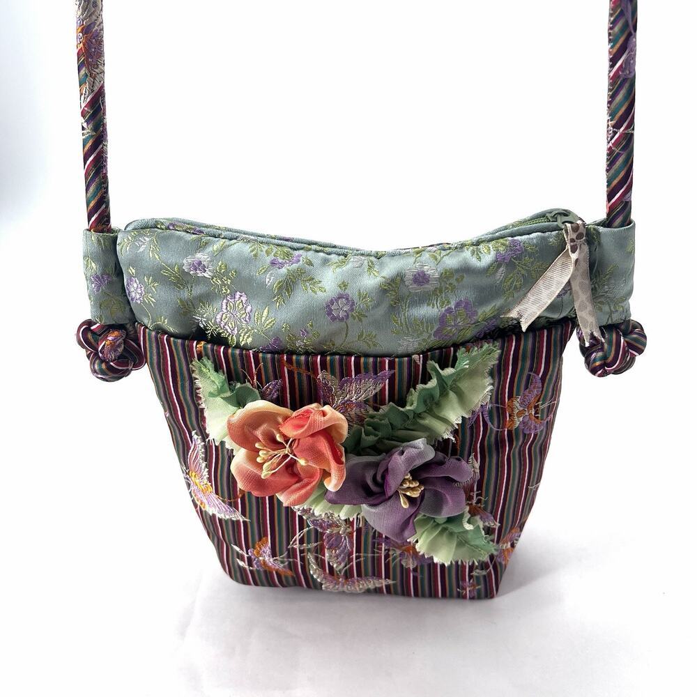 Vintage Boho Festival Floral Embellished Colorful Silk & Velvet Crossbody Bag - Picture 4 of 9